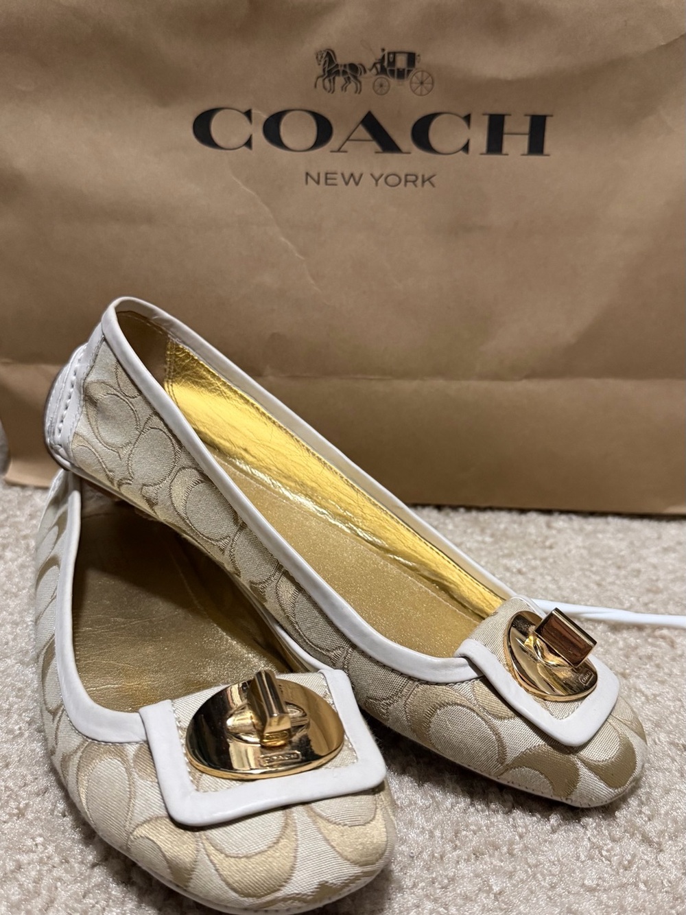 Coach Beige Ivory Logo Ballet Flats with Gold-Tone Accent